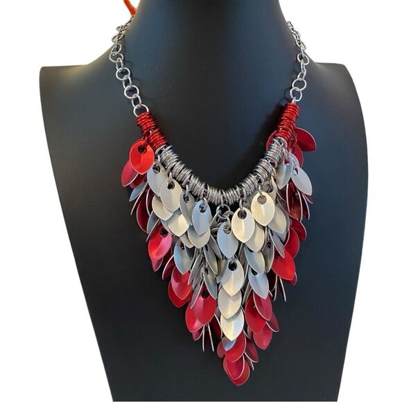 Artisan Designed & Created One of a Kind Red & Silver Bib Statement Necklace - Picture 2 of 5
